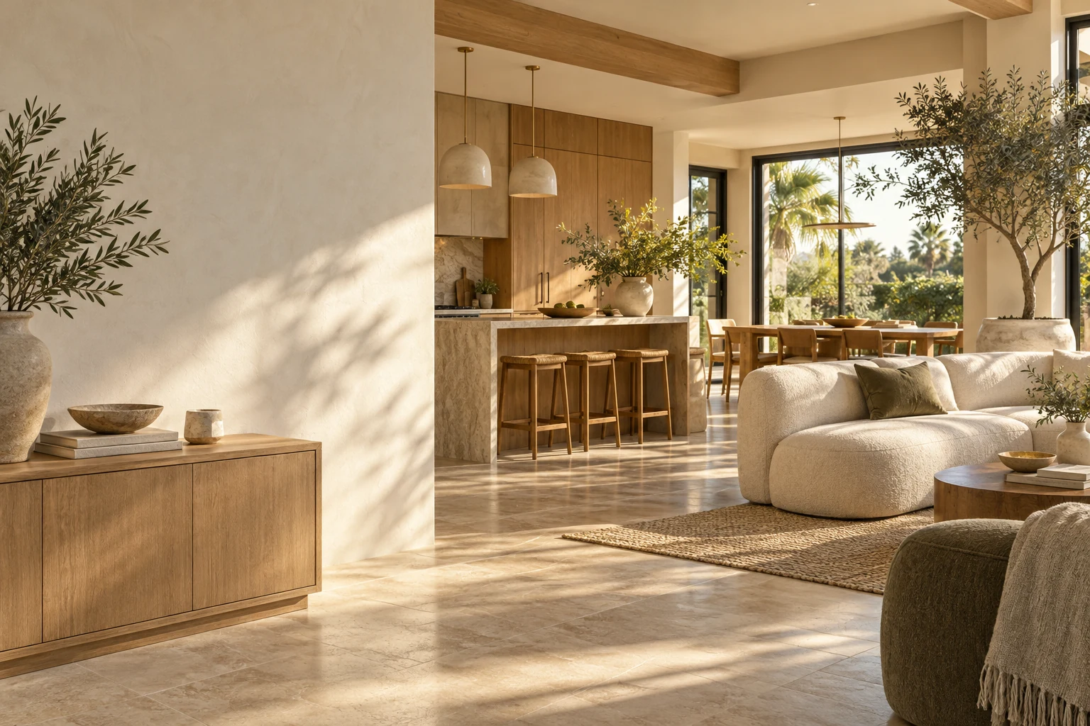 Sunlit living room with natural wood, soft neutral furnishings, and a calm, welcoming feel